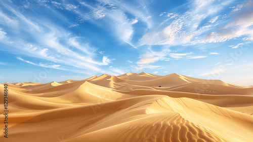 A panoramic view of endless dunes stretching to the horizon  with a lone camel traversing the landscape.