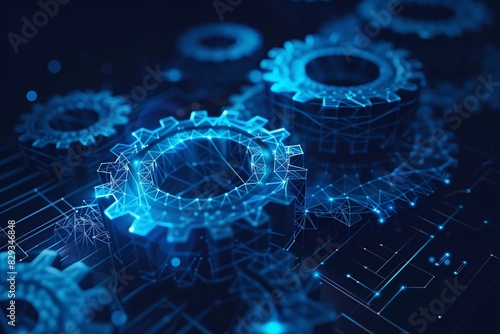 Symbolic representation of mechanical advancement and business strategy through interlocking gears. Vector wireframe against a dark blue backdrop signifies forward-thinking innovation. 