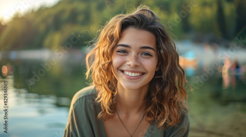 Portrait of a content woman in her 30s in middle of nature near a lake