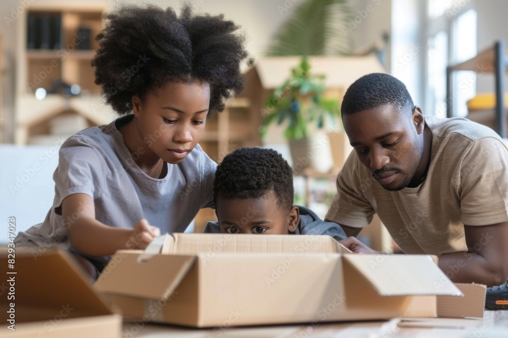 African American family assembling a cardboard project at home. Father, mother, and young son focus on construction. Family Building Project African American family assembling a cardboard project at home. Father, mother, and young son focus on construction. Family Building Project