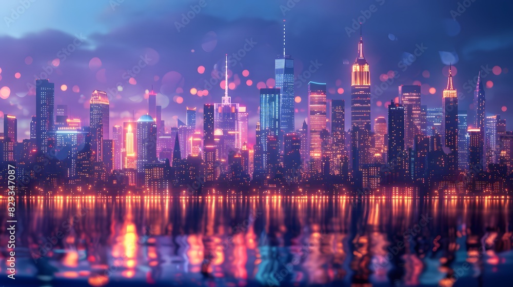 Obraz premium The city skyline photographed from across a wide river, with magnificent sparkling lights