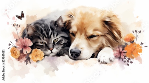Dog and cat lying side by side on a white background, illustrated in a vintage botanical style, with space for advertising text or product placement photo