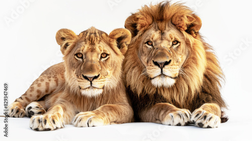 Two majestic lions lying together, staring intently, highlighted with their powerful presence against a white background