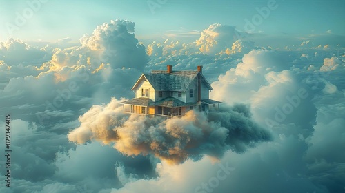 A dream house floating on a cloud made of dollar bills, symbolizing aspirations and saving money for a home