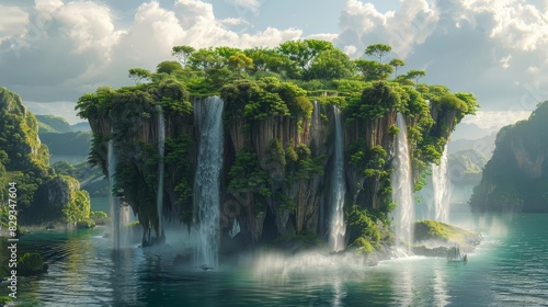 A floating island with lush vegetation and a serene waterfall