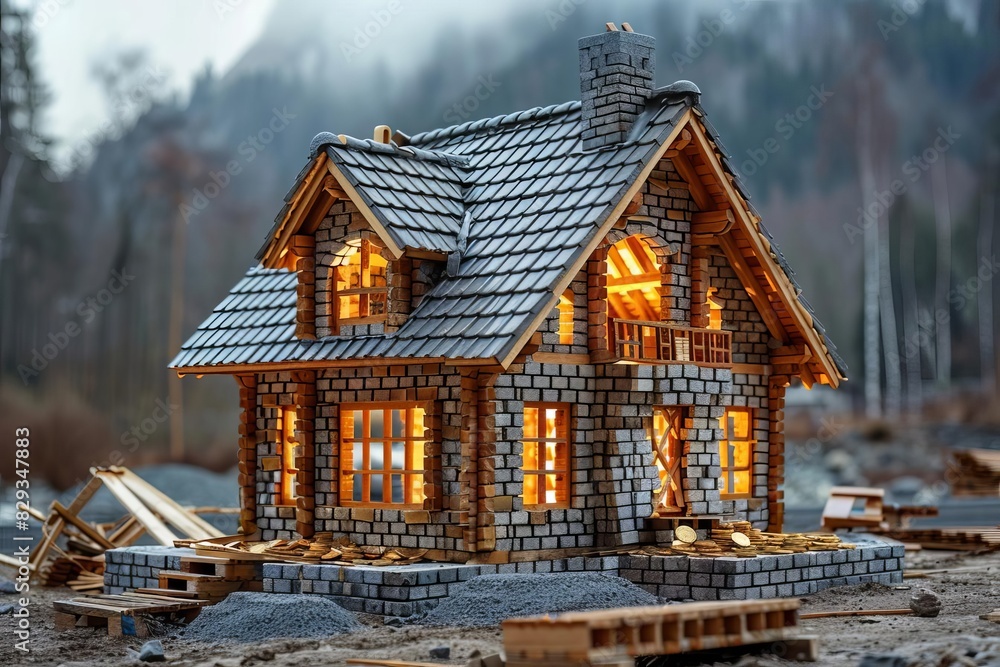 A house being built with bricks made of gold coins, representing financial savings and investment in property A house being built with bricks made of gold coins, representing financial savings and investment in property