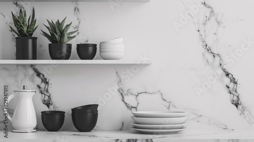 Black and white kitchenware and a plant on white shelves against a marble background. photo