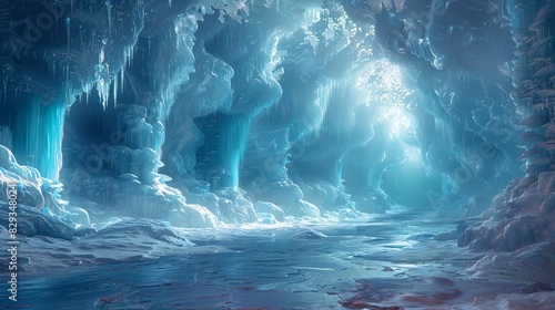A mystical ice cave with crystalline formations and hidden treasures photo