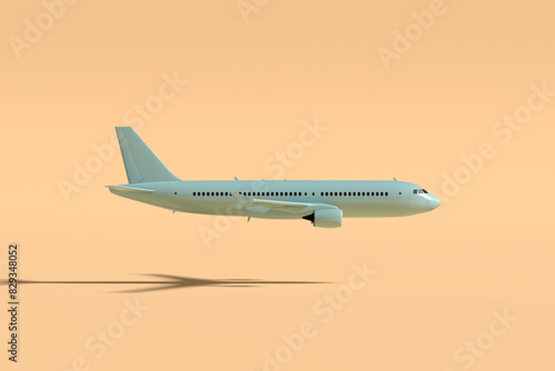 Miniature model commercial airplane flying on pastel orange colored background