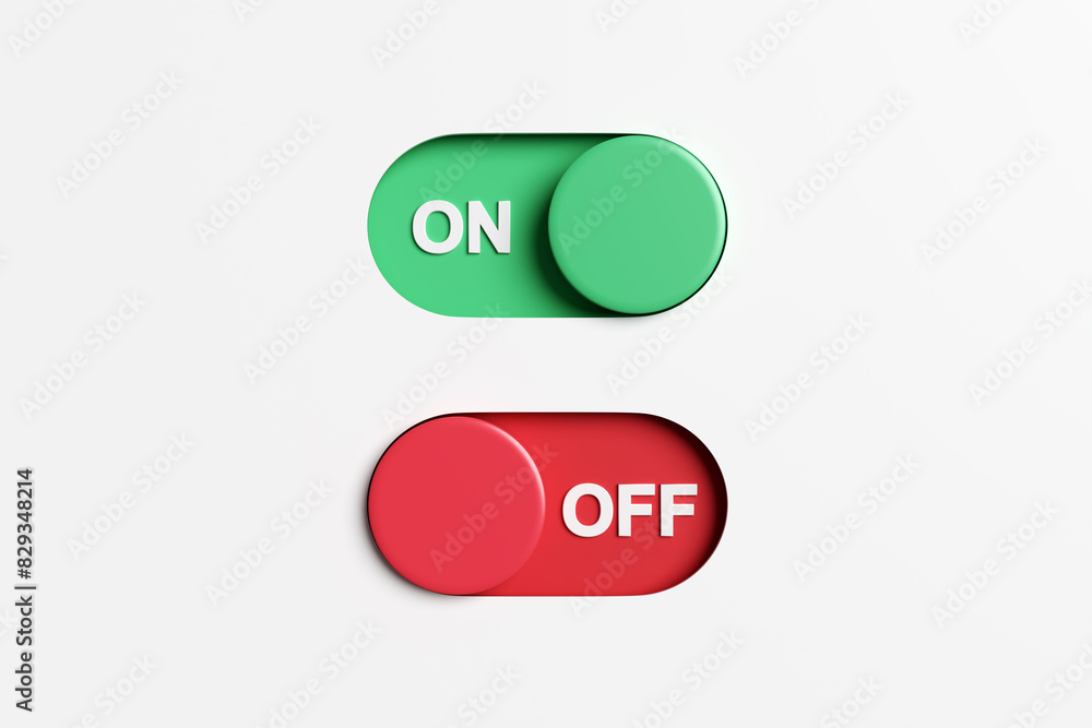 On and off toggle switch buttons on white background. On and off toggle switch buttons on white background.