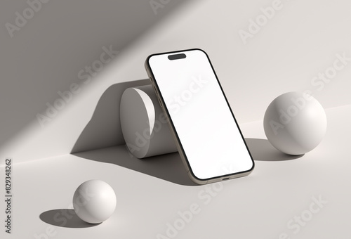 Blank screen smart phone mockup, template with geometric objects on gray background.