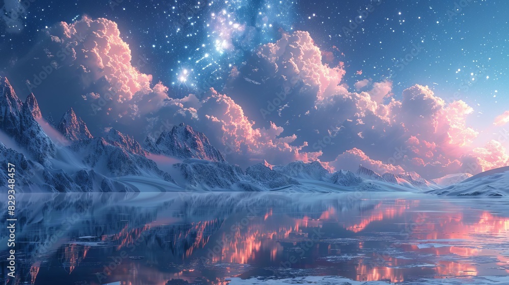 A surreal landscape where the ground is glass and the sky is filled with stars
