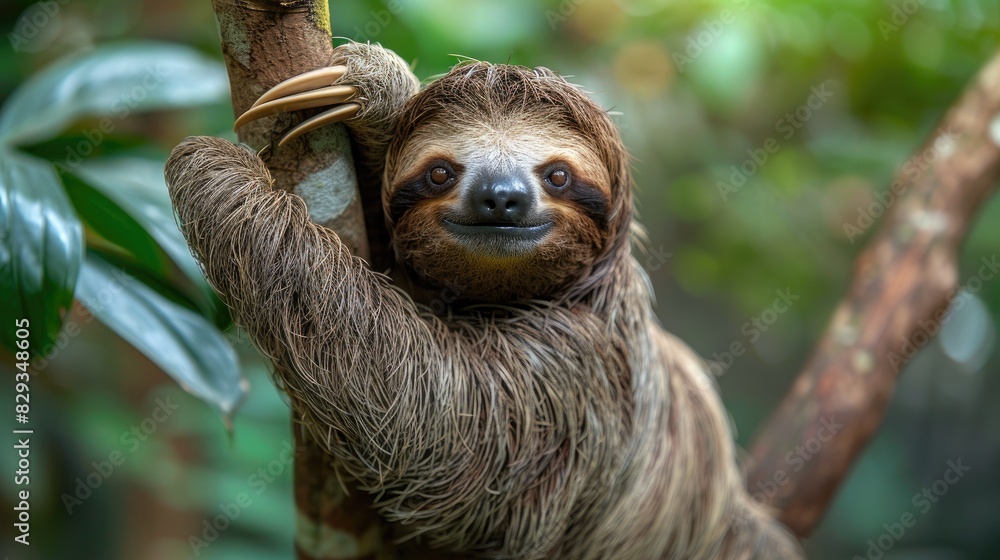 Fototapeta premium Funny sloth hanging on tree branch. Wild animal in the rainforest of Costa Rica
