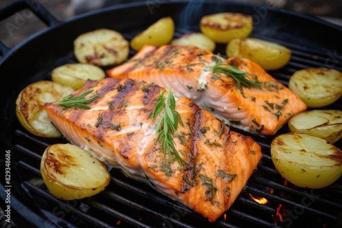 Grilled salmon and potatoes in a frying pan.