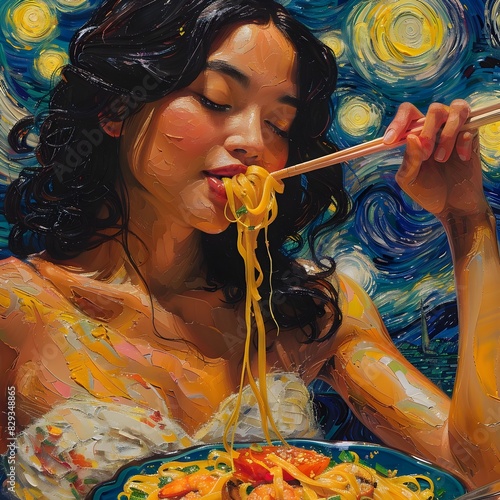 Culinary Delight A Whimsical of a Thai Woman Savoring Traditional Pad Thai photo