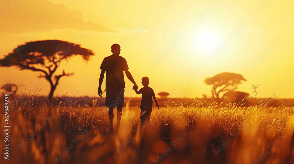 Fototapeta premium silhouette of father holding hand with son under sunset 