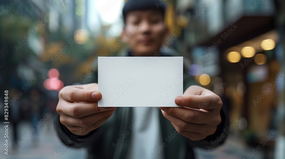 Close up of a man's hand holding a blank business card mockup, a white paper with space for text in front view. Close up of a man's hand holding a blank business card mockup, a white paper with space for text in front view.