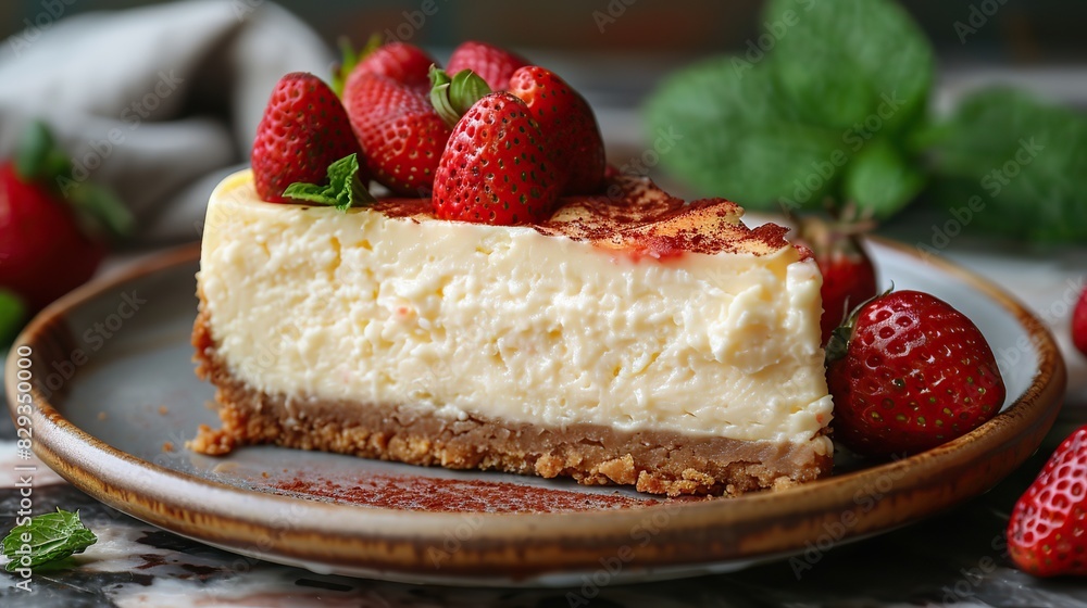 A slice of creamy cheesecake, topped with fresh strawberries. A slice of creamy cheesecake, topped with fresh strawberries.