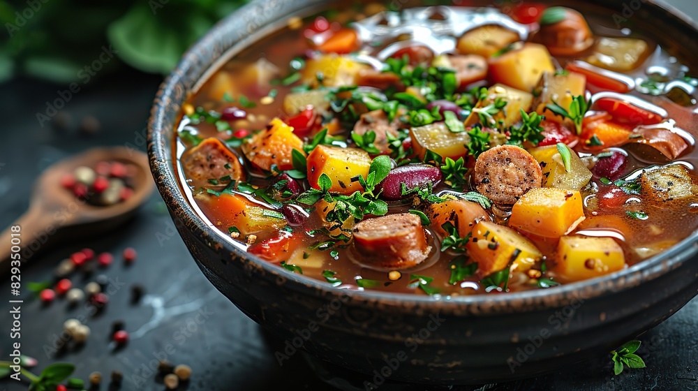 A bowl of hearty vegetable and sausage soup, perfect for cold days. A bowl of hearty vegetable and sausage soup, perfect for cold days.