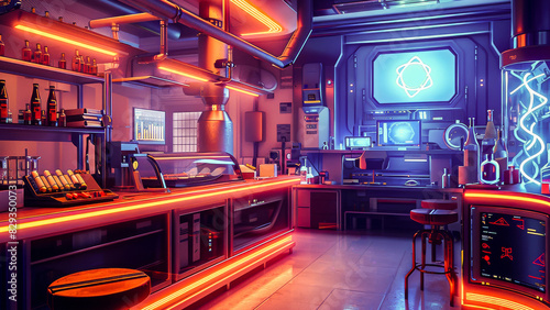 Modern futuristic bar interior with neon lights and sci-fi laboratory equipment. Sleek design with vibrant colors creating a high-tech nightlife atmosphere.
