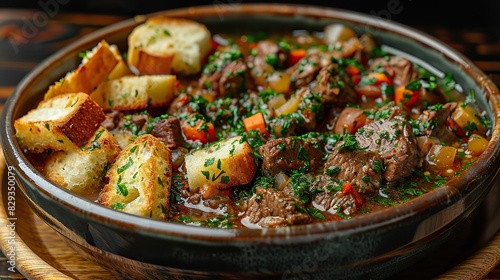 A dish of flavorful beef stew, served with crusty bread.