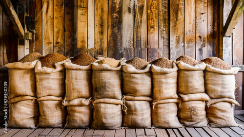 Several burlap sacks filled with different grains neatly lined up against a rustic wooden wall in a barn. Perfect for agricultural and food storage themes.
