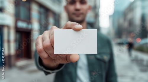 Close up of a man's hand holding a blank business card mockup, a white paper with space for text in front view.