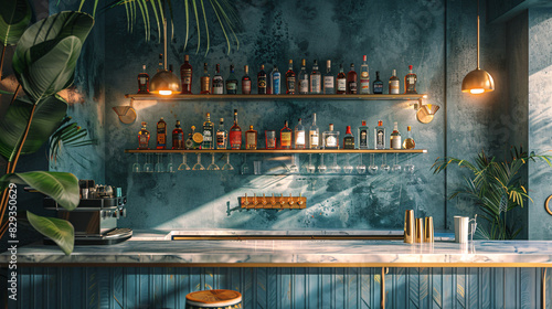 A stylish bar area with a marble countertop, brass fixtures, and shelves stocked with top-shelf liquors and cocktail ingredients. photo