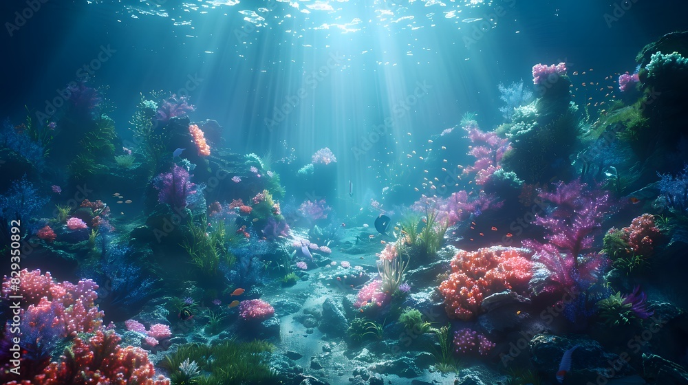 A colorful underwater scene with a variety of fish and coral