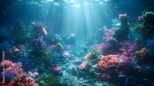 A colorful underwater scene with a variety of fish and coral photo