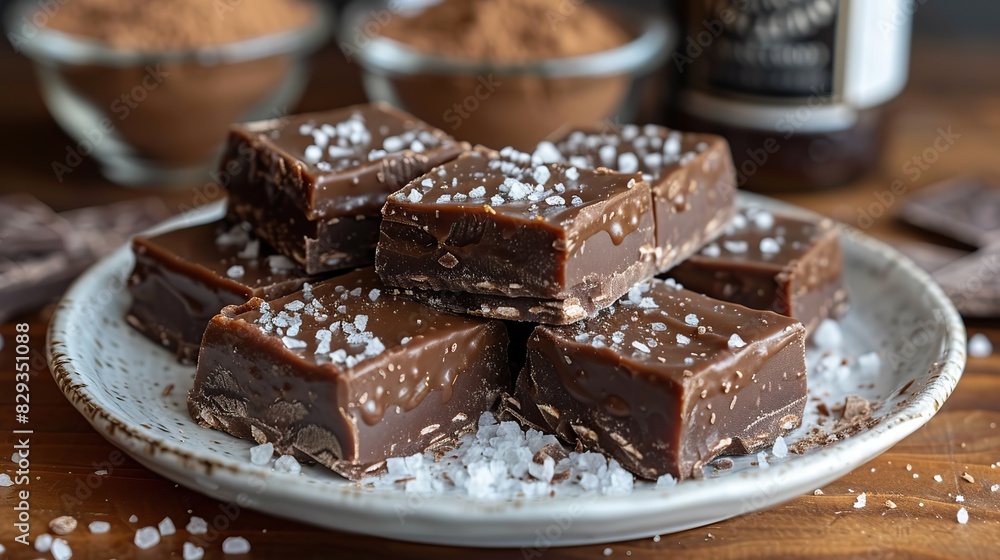 A serving of rich chocolate caramel bars, topped with sea salt. A serving of rich chocolate caramel bars, topped with sea salt.