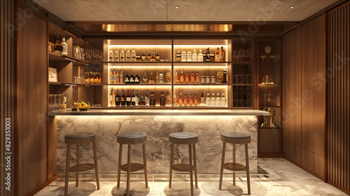 A modern home bar with a marble countertop, high stools, and shelves stocked with various spirits and glassware.