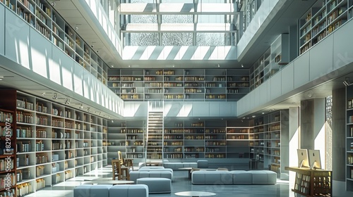 An interior of a modernist library. Generative AI. photo