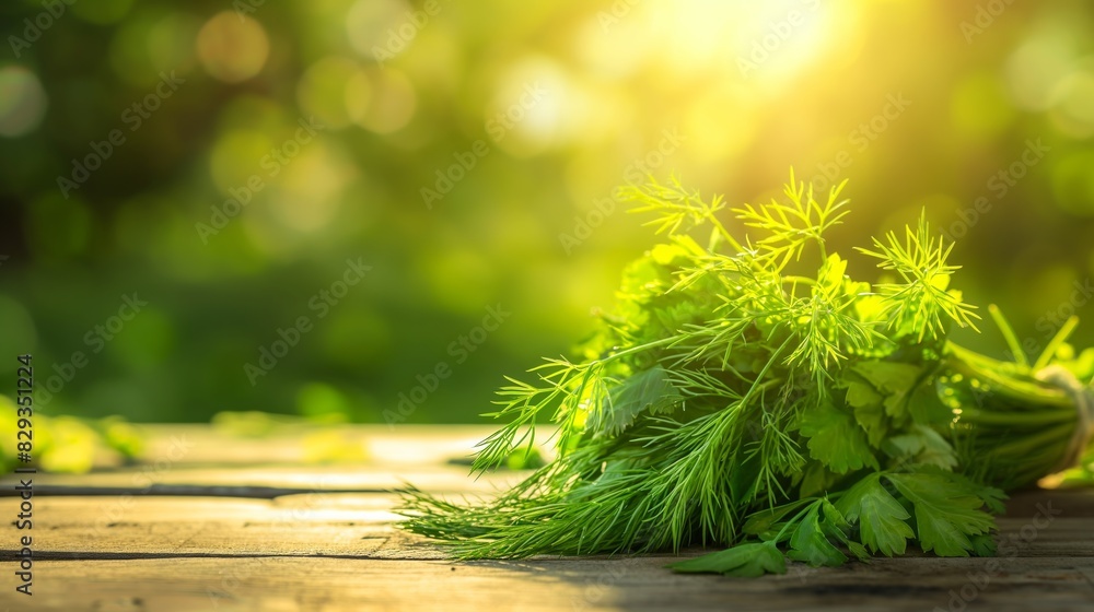 Close up of fresh green parsley leaves and dill on a wooden table with a blurred garden background, copy space for product display. Close up of fresh green parsley leaves and dill on a wooden table with a blurred garden background, copy space for product display.