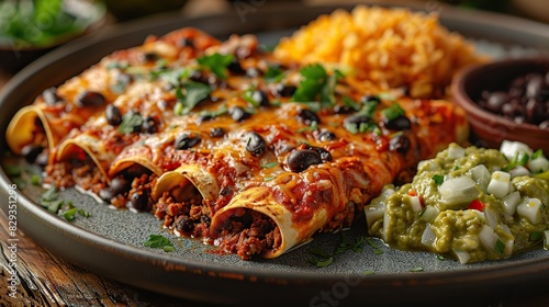 A plate of savory beef enchiladas, served with rice and beans.