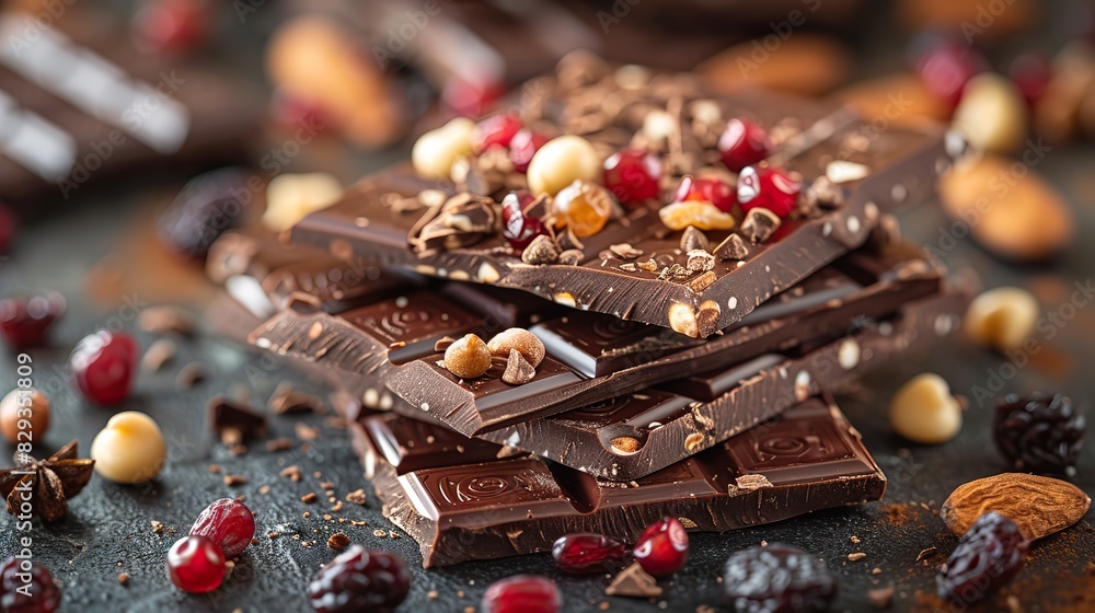 A serving of rich chocolate bark, topped with dried fruit. A serving of rich chocolate bark, topped with dried fruit.