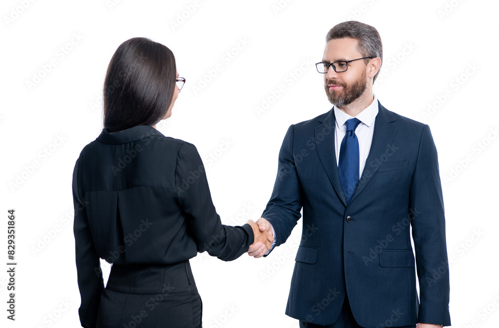 man and woman handshaking for successful cooperation isolated on white. business relationship. business cooperation success. businesspeople improve cooperation with supplier. Collaborative teamwork man and woman handshaking for successful cooperation isolated on white. business relationship. business cooperation success. businesspeople improve cooperation with supplier. Collaborative teamwork