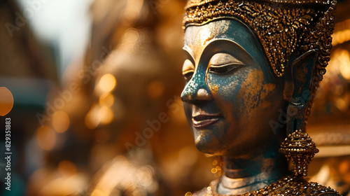Close up of a serene Buddha statue, featuring intricate details and a peaceful expression. photo