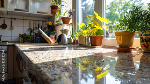 A kitchen counter with a view of the outside. The counter is made of granite and has a shiny, clean appearance. There are several potted plants in the kitchen, including one on the counter photo