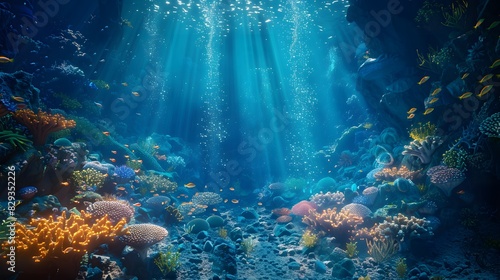 A colorful underwater scene with a variety of fish and coral photo