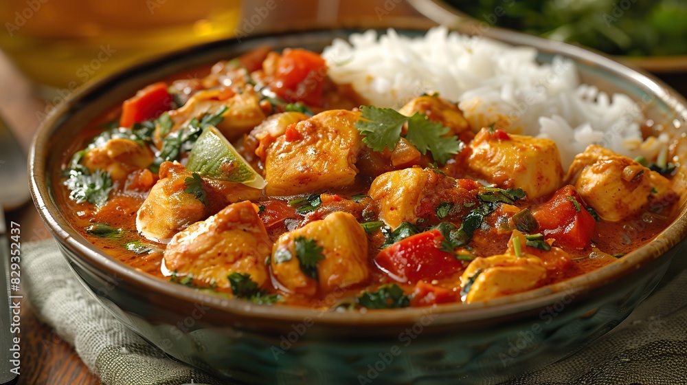 A dish of flavorful chicken curry, served with rice. A dish of flavorful chicken curry, served with rice.