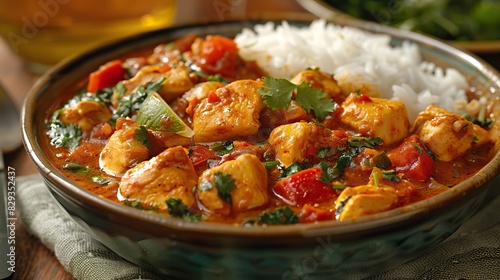 A dish of flavorful chicken curry, served with rice.