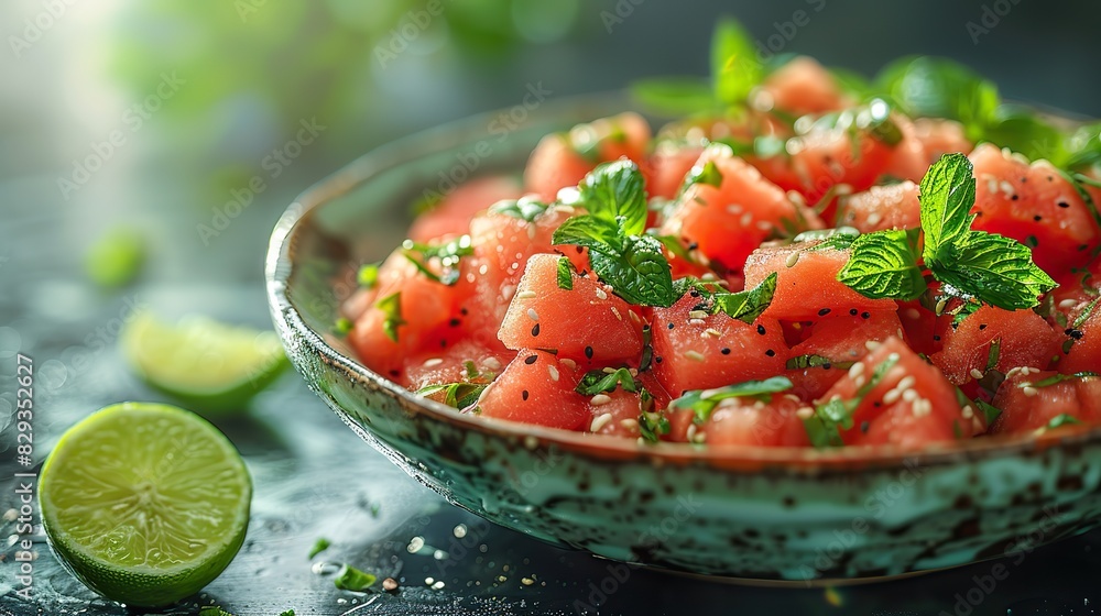 A fresh watermelon and mint salad, with a lime dressing. A fresh watermelon and mint salad, with a lime dressing.