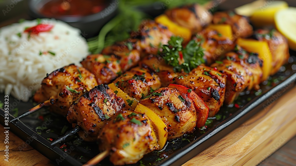 A dish of flavorful chicken and vegetable kebabs, served with rice. A dish of flavorful chicken and vegetable kebabs, served with rice.