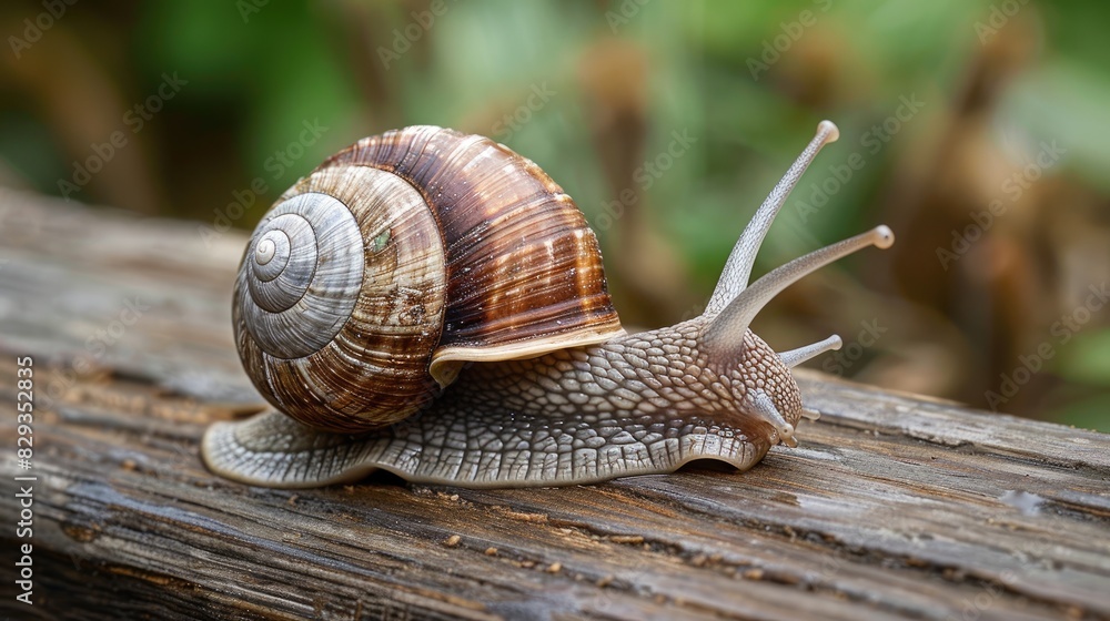 Big snail in shell up close moving on wooden board Big snail in shell up close moving on wooden board