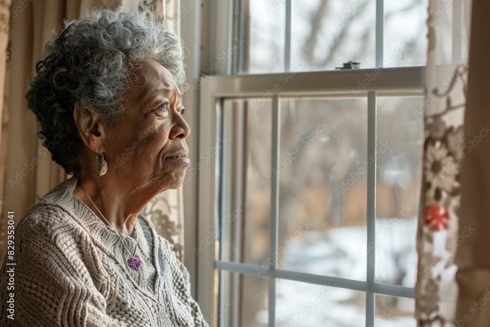 Elderly African American woman in a patterned blouse, lost in thought while gazing out a window. Elderly African American woman in a patterned blouse, lost in thought while gazing out a window.
