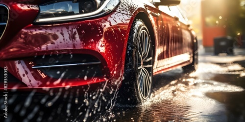 Professional Car Wash Detailing Service for Red Sports Car Using High-Pressure Water. Concept Car Washing, Detailing Service, Red Sports Car, High-Pressure Water, Professional Service © Ян Заболотний