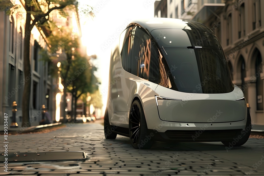 Sleek Electric Delivery Van in Urban Setting Showcases Sustainable Transportation