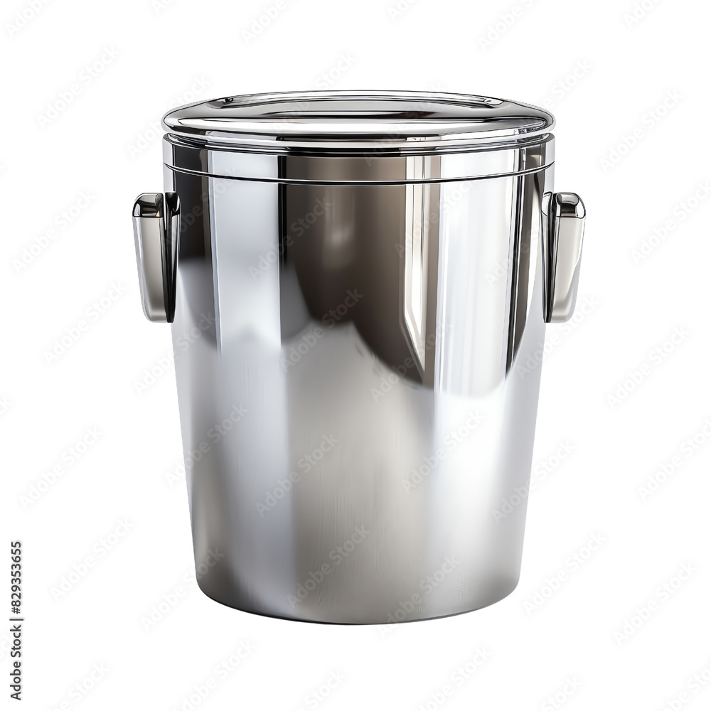 Stainless steel container with lid and handles, ideal for storage or kitchen use, reflecting a polished metallic finish.