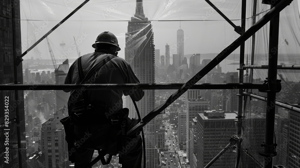 Construction worker masterfully welds on scaffolding against a city Construction worker masterfully welds on scaffolding against a city